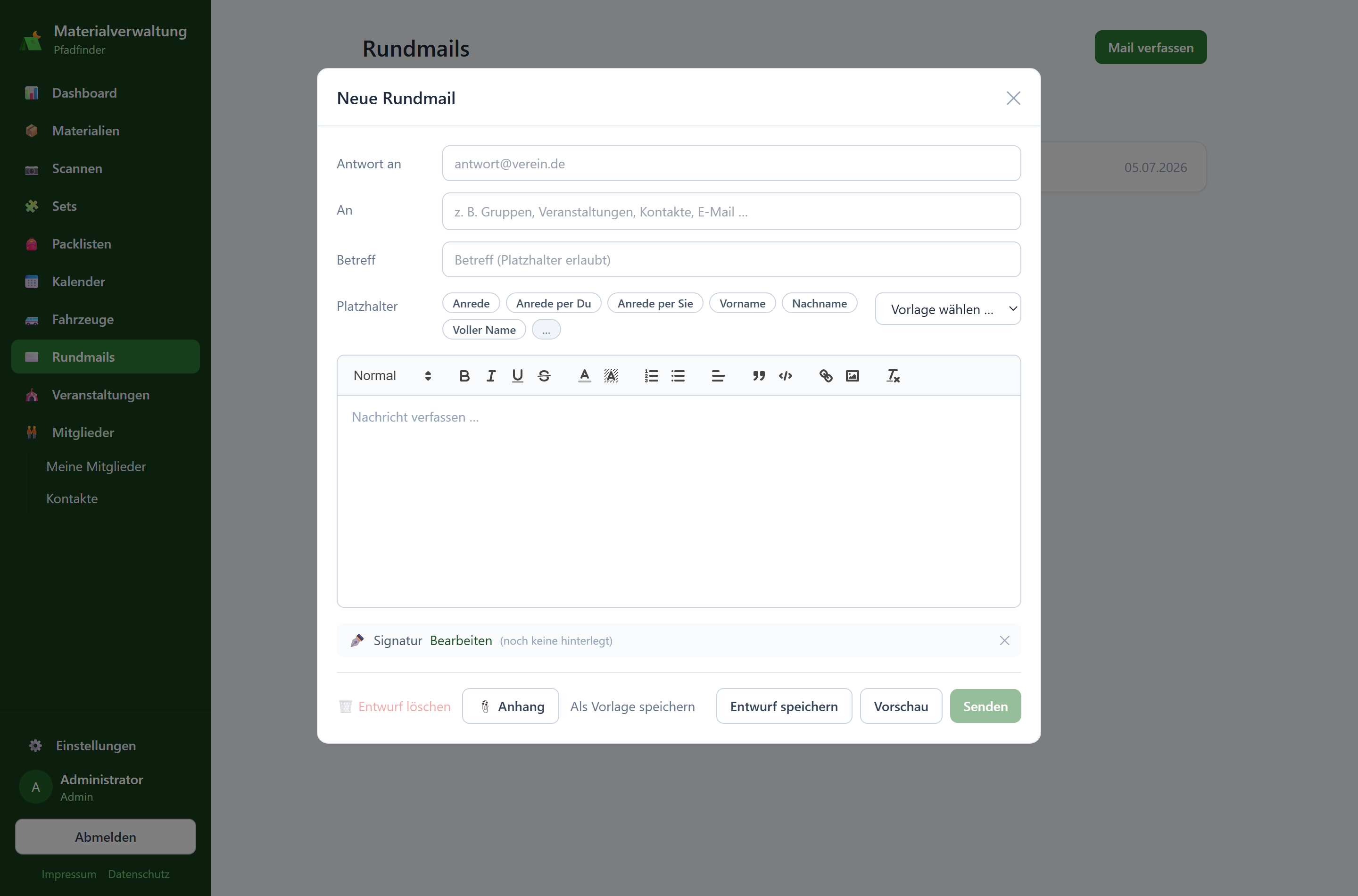 Rundmail-Editor mit Platzhaltern