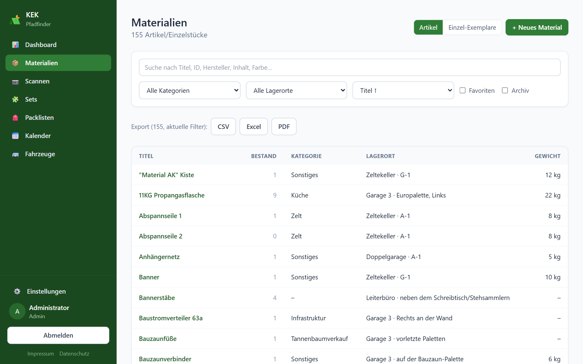 Materialliste mit Artikel-Ansicht