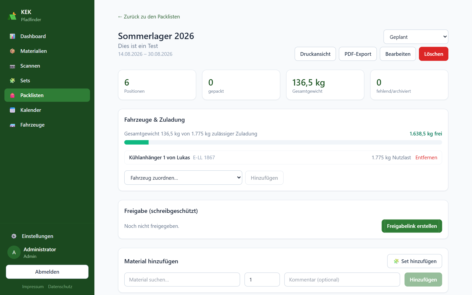 Packliste mit Zuladung und Freigabe
